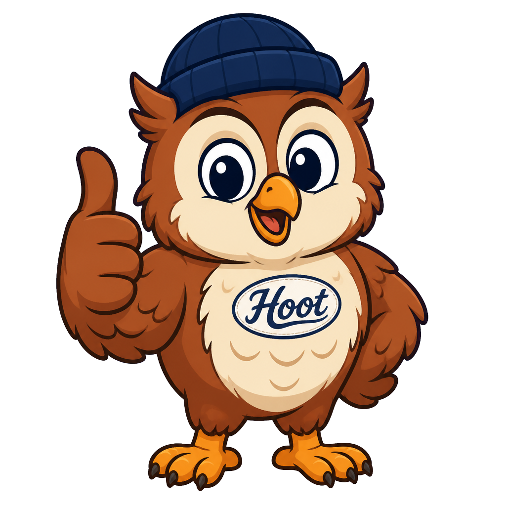 Hoot the mascot — a friendly owl in a navy beanie giving a thumbs up